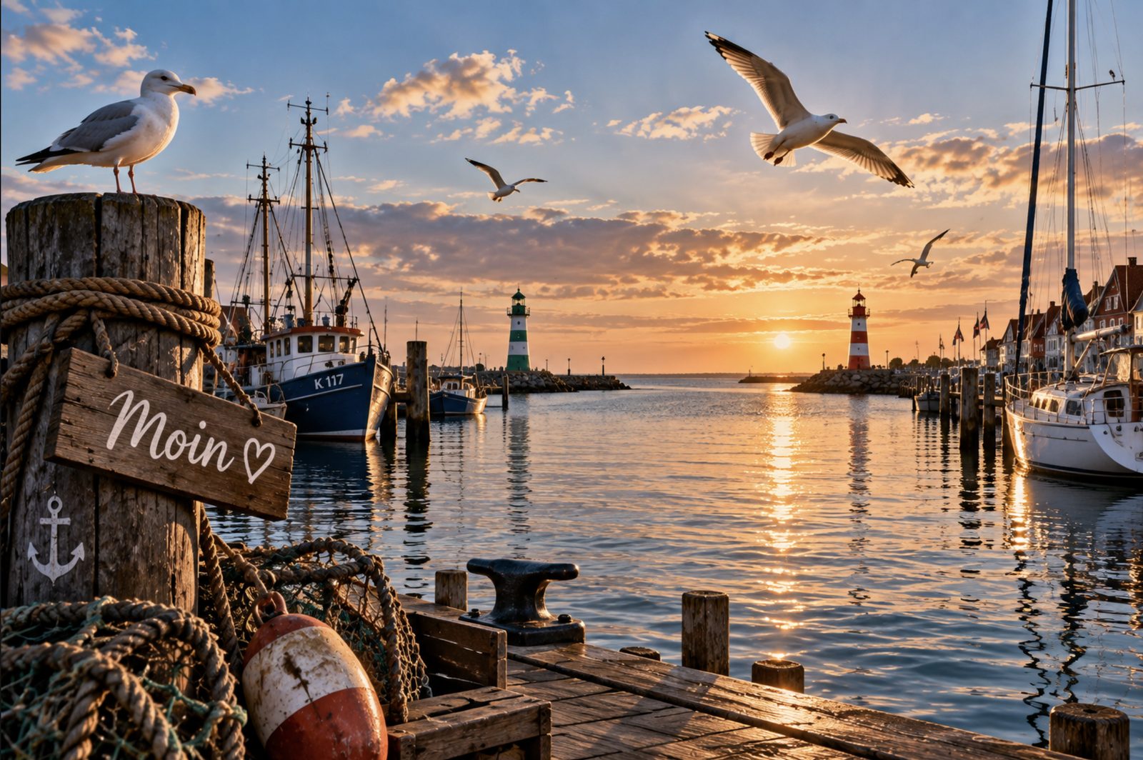 Ostseehafen im Abendlicht mit Moin-Schild, Leuchttürmen und Möwen